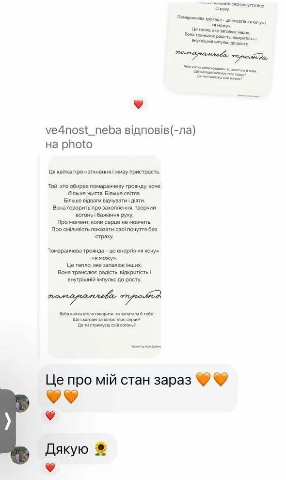 Картка «Помаранчева троянда» у листуванні: «Це про мій стан зараз»